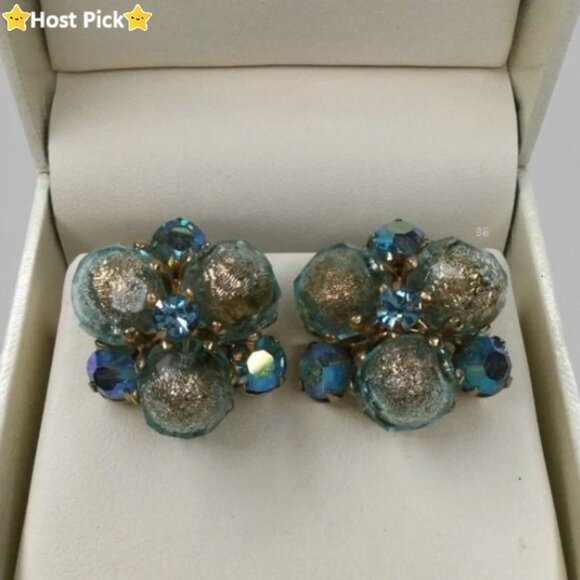Vogue Jewelry - Reserved -Vintage Signed VOGUE Cluster Earrings Gold Tone, Blue & AB Rhinestones